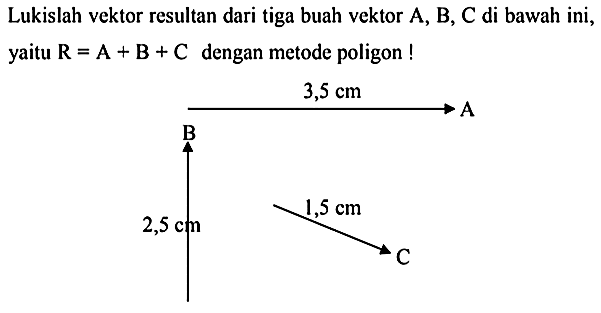 Lukislah vektor resultan dari tiga buah vektor  A, B, C  di bawah ini, yaitu  R=A+B+C  dengan metode poligon !
A B C 3,5 cm 2,5 cm 1,5 cm