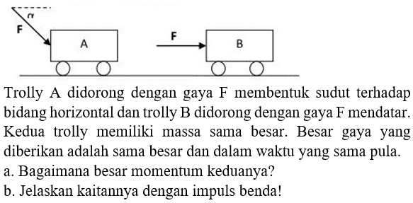 Trolly A didorong dengan gaya  F  membentuk sudut terhadap bidang horizontal dan trolly  B  didorong dengan gaya  F  mendatar. Kedua trolly memiliki massa sama besar. Besar gaya yang diberikan adalah sama besar dan dalam waktu yang sama pula.
a. Bagaimana besar momentum keduanya?
b. Jelaskan kaitannya dengan impuls benda!