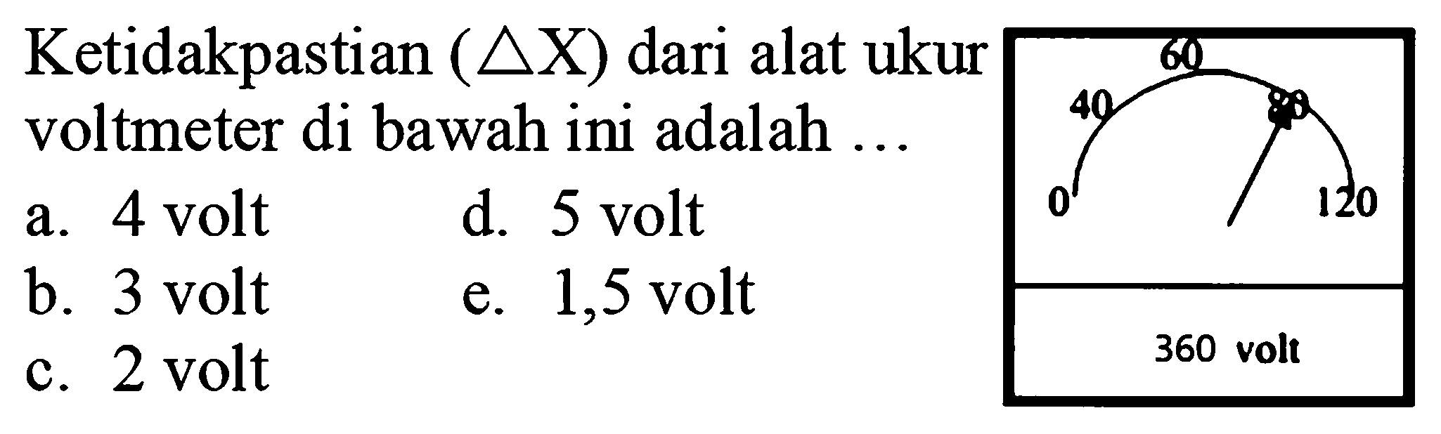 Ketidakpastian (delta X) dari alat ukur voltmeter di bawah ini adalah ... 0 40 60 80 120 360 volt 