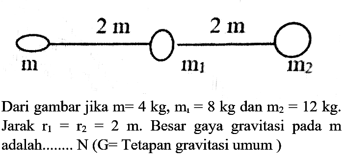 Dari gambar jika  m=4 kg, m_(1)=8 kg  dan  m_(2)=12 kg . Jarak  r_(1)=r_(2)=2 m . Besar gaya gravitasi pada  m  adalah........  N(G=  Tetapan gravitasi umum )