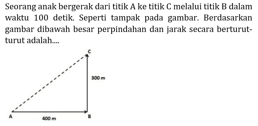 Seorang anak bergerak dari titik A ke titik C melalui titik B dalam waktu 100 detik. Seperti tampak pada gambar. Berdasarkan gambar dibawah besar perpindahan dan jarak secara berturutturut adalah.... 
C 
300 m 
A 400 m B