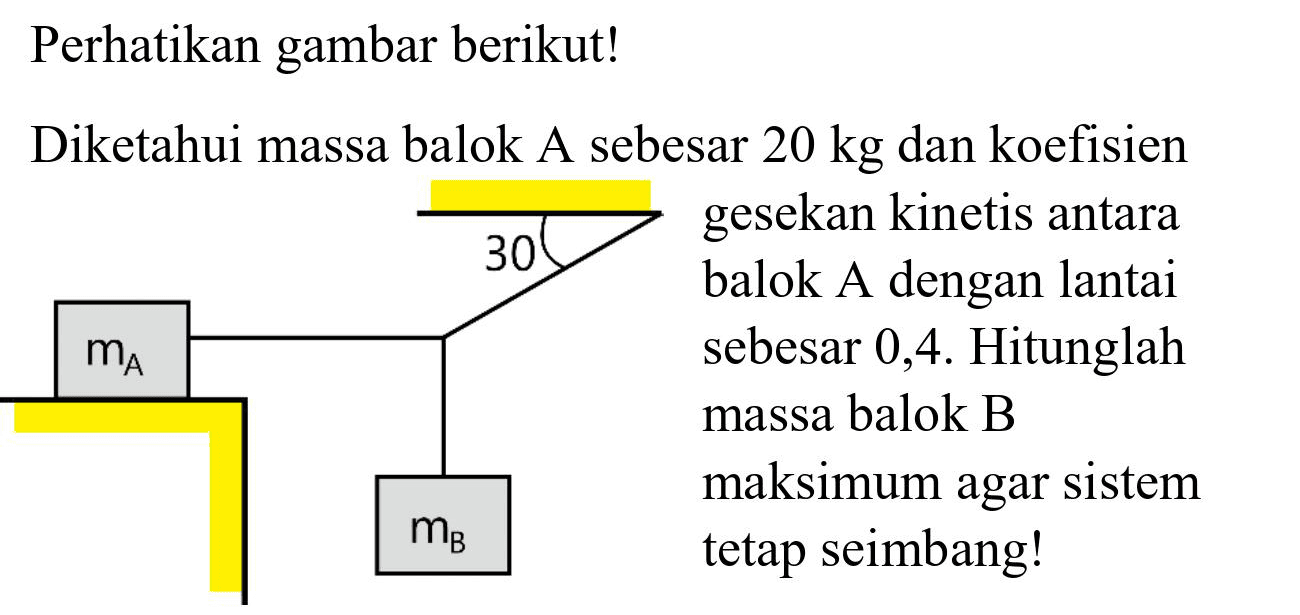 Perhatikan gambar berikut!
Diketahui massa balok A sebesar  20 kg  dan koefisien