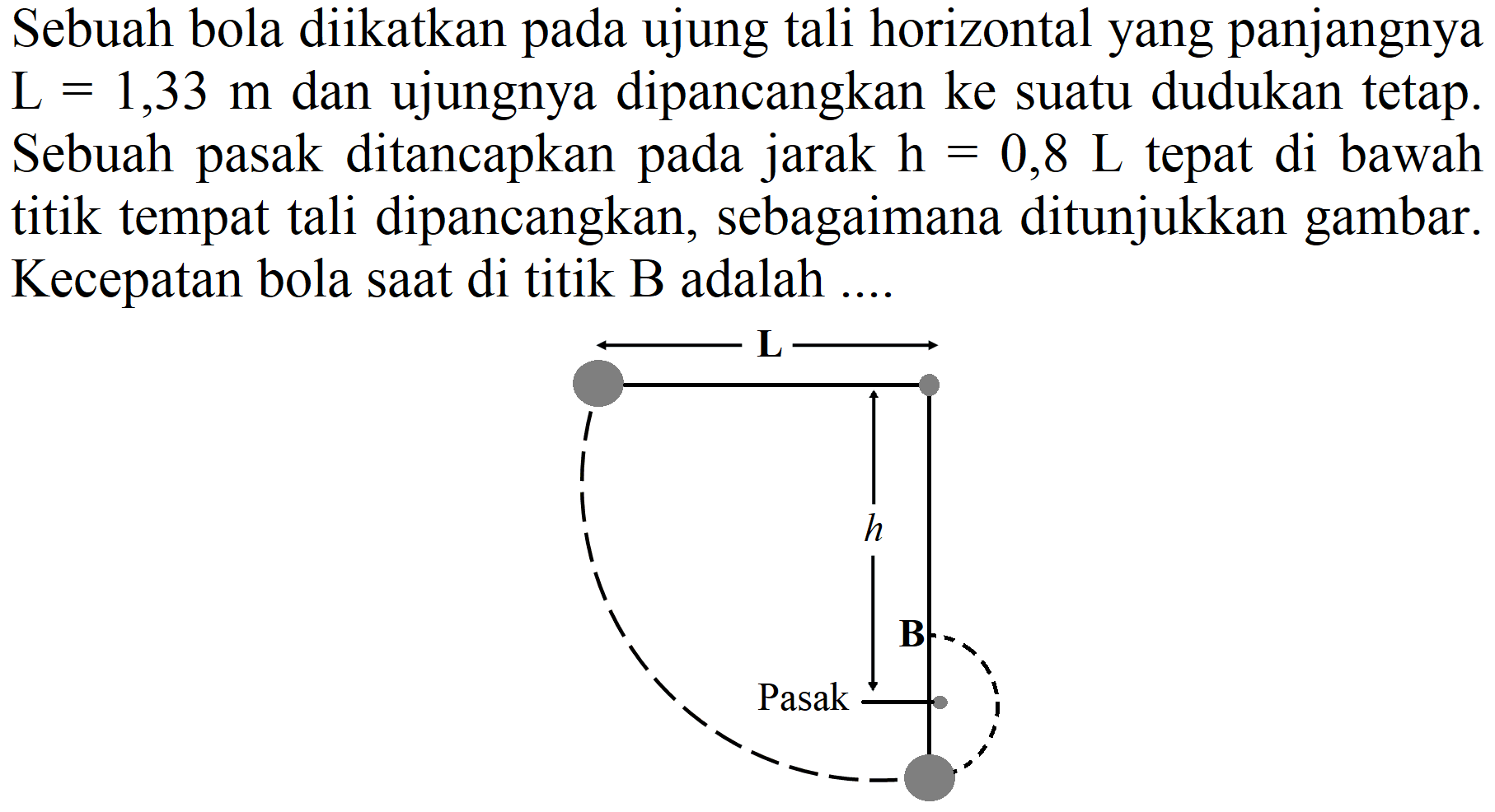 Sebuah bola diikatkan pada ujung tali horizontal yang panjangnya  L=1,33 m  dan ujungnya dipancangkan ke suatu dudukan tetap. Sebuah pasak ditancapkan pada jarak  h=0,8 ~L  tepat di bawah titik tempat tali dipancangkan, sebagaimana ditunjukkan gambar. Kecepatan bola saat di titik B adalah ....