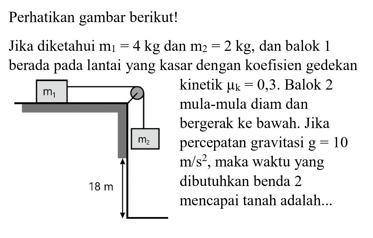 Perhatikan gambar berikut!
Jika diketahui  m_(1)=4 kg  dan  m_(2)=2 kg , dan balok 1 berada pada lantai yang kasar dengan koefisien gedekan
 m_(1)   { kinetik ) mu_(k)=0,3 .  { Balok ) 2   { mula-mula diam dan )   { bergerak ke bawah. Jika )   { percepatan gravitasi g )=10  m / s^(2),  { maka waktu yang )   { dibutuhkan benda ) 2   { mencapai tanah adalah... ) 