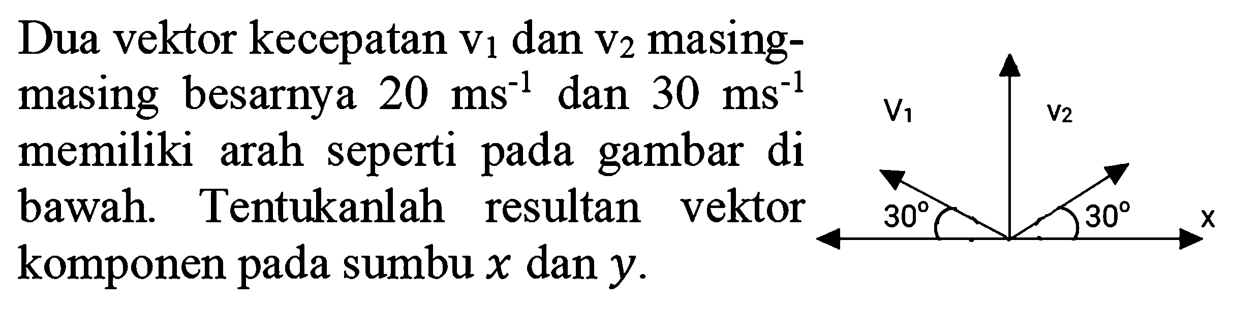 Dua vektor kecepatan  v_(1)  dan  v_(2)  masingmasing besarnya  20 ~ms^(-1)  dan  30 ~ms^(-1)  memiliki arah seperti pada gambar di bawah. Tentukanlah resultan vektor komponen pada sumbu  x  dan  y .