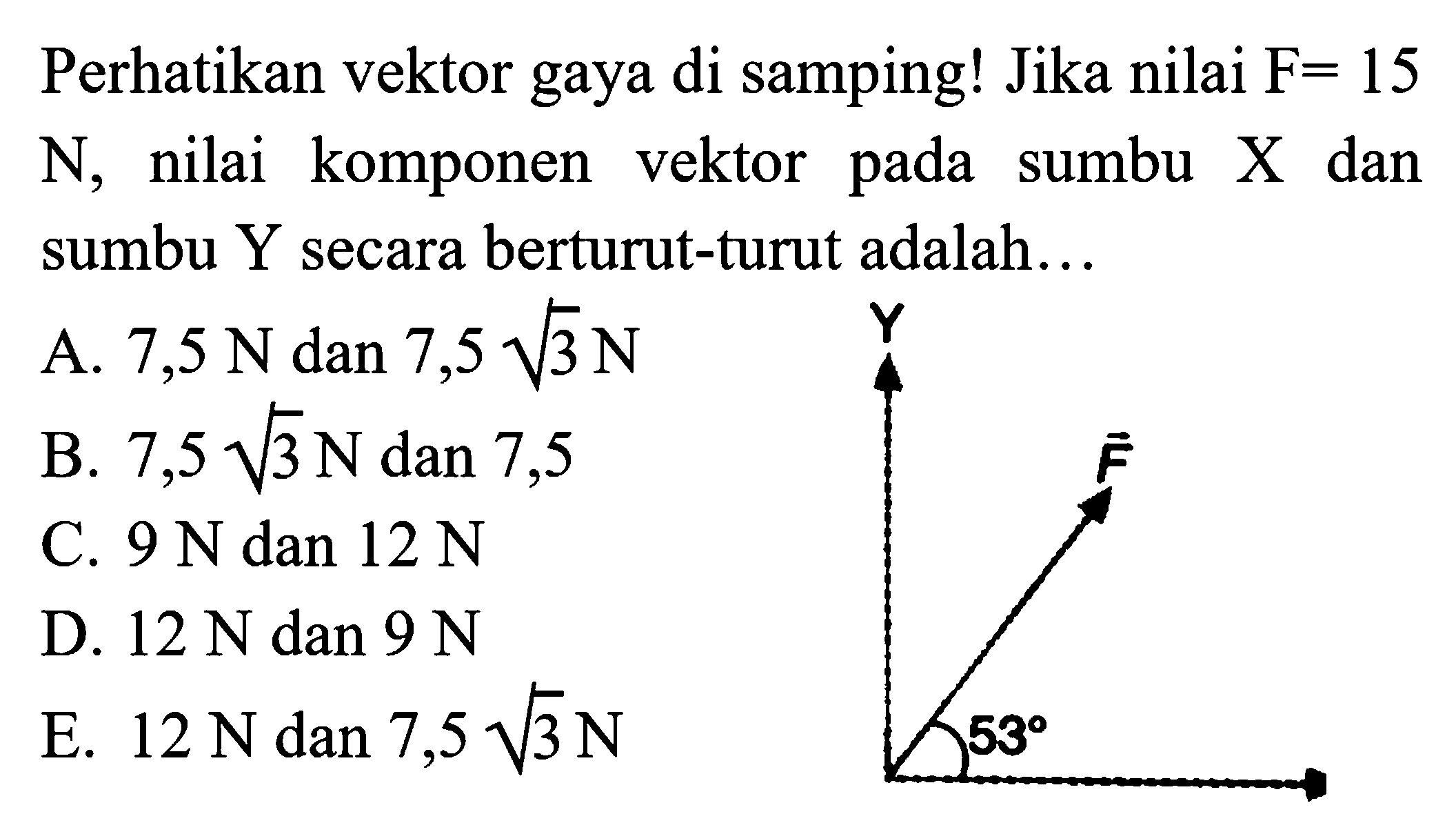 Perhatikan vektor gaya di samping! Jika nilai  F=15   N , nilai komponen vektor pada sumbu  X  dan sumbu Y secara berturut-turut adalah...