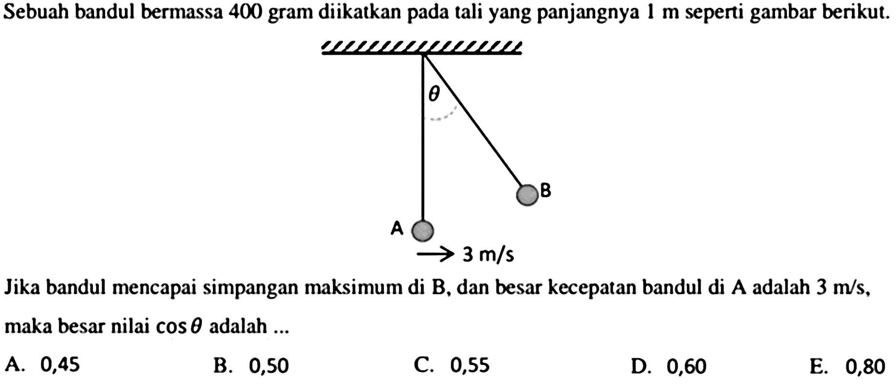 Sebuah bandul bermassa 400 gram diikatkan pada tali yang panjangnya  1 m  seperti gambar berikut.
Jika bandul mencapai simpangan maksimum di  B , dan besar kecepatan bandul di  A  adalah  3 m / s , maka besar nilai  cos theta  adalah ...
A. 0,45
B. 0,50
C. 0,55
D. 0,60
E. 0,80