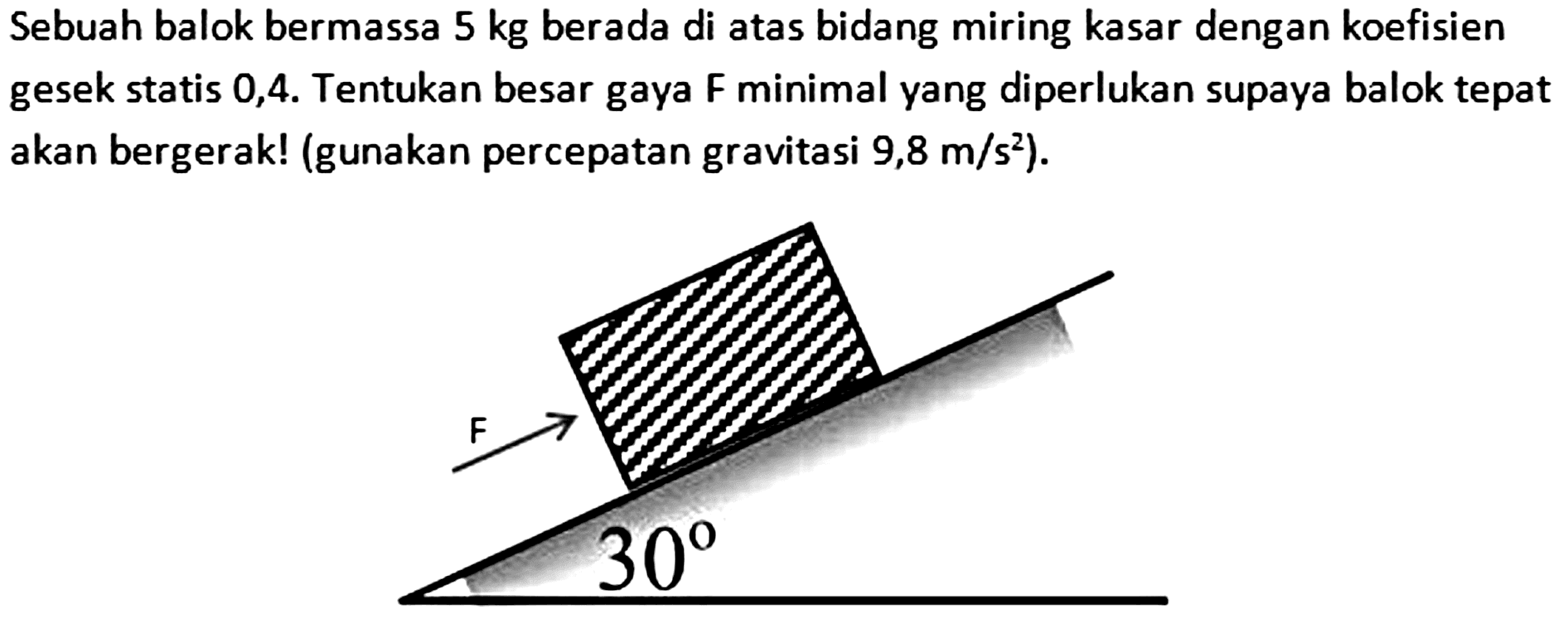 Sebuah balok bermassa 5 kg berada di atas bidang miring kasar dengan koefisien gesek statis 0,4 . Tentukan besar gaya F minimal yang diperlukan supaya balok tepat akan bergerak! (gunakan percepatan gravitasi  9,8 m / s^(2)  ).