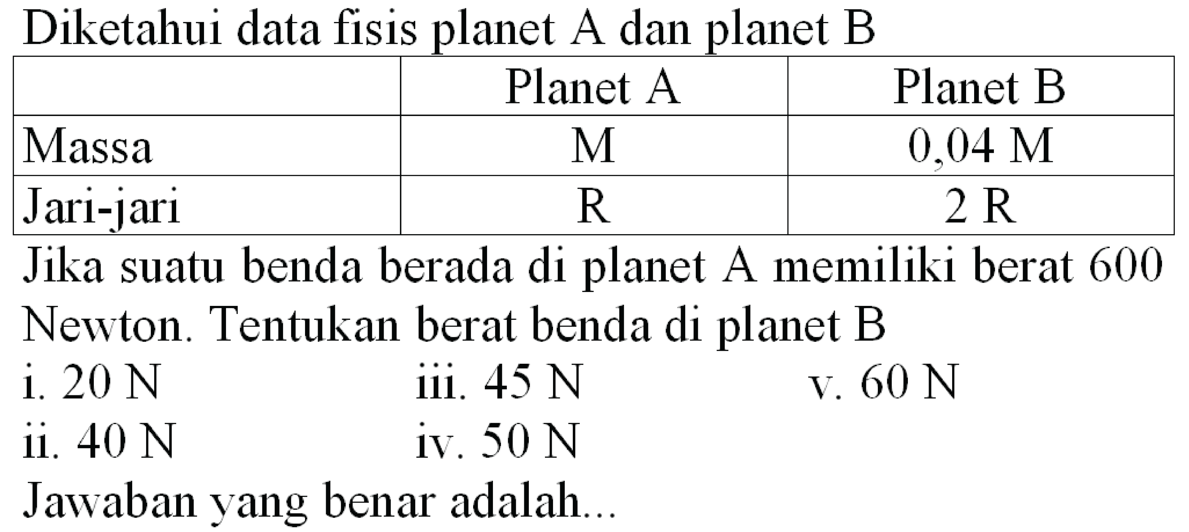 Diketahui data fisis planet  A  dan planet  B 

  Planet A  Planet B 
 Massa   M    0,04 M  
 Jari-jari   R    2 R  


Jika suatu benda berada di planet A memiliki berat 600 Newton. Tentukan berat benda di planet B
i.  20 ~N 
iii.  45 ~N 
v.  60 ~N 
ii.  40 ~N 
iv.  50 ~N 
Jawaban yang benar adalah...