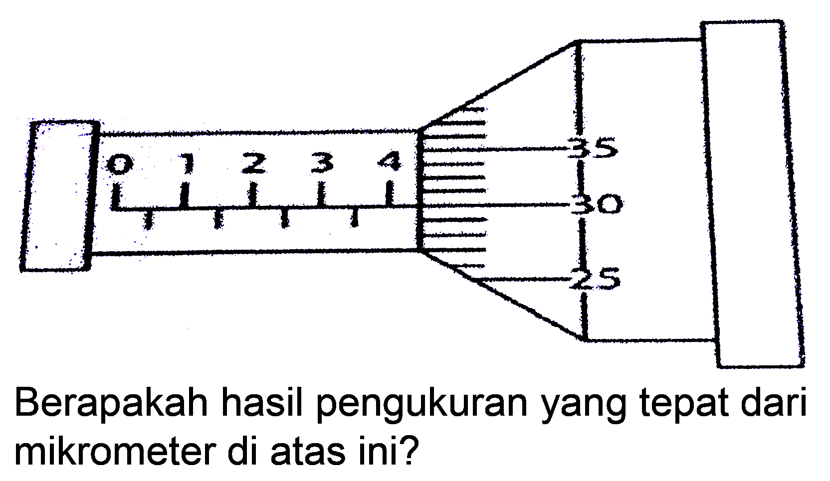01234 35 30 25
Berapakah hasil pengukuran yang tepat dari mikrometer di atas ini?