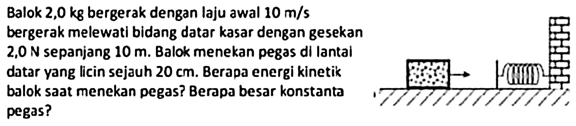 Balok  2,0 kg  bergerak dengan laju awal  10 m / s  bergerak melewati bidang datar kasar dengan gesekan  2,0 ~N  sepanjang  10 m . Balok menekan pegas di lantal datar yang licin sejauh  20 cm . Berapa energi kinetik balok saat menekan pegas? Berapa besar konstanta pegas?