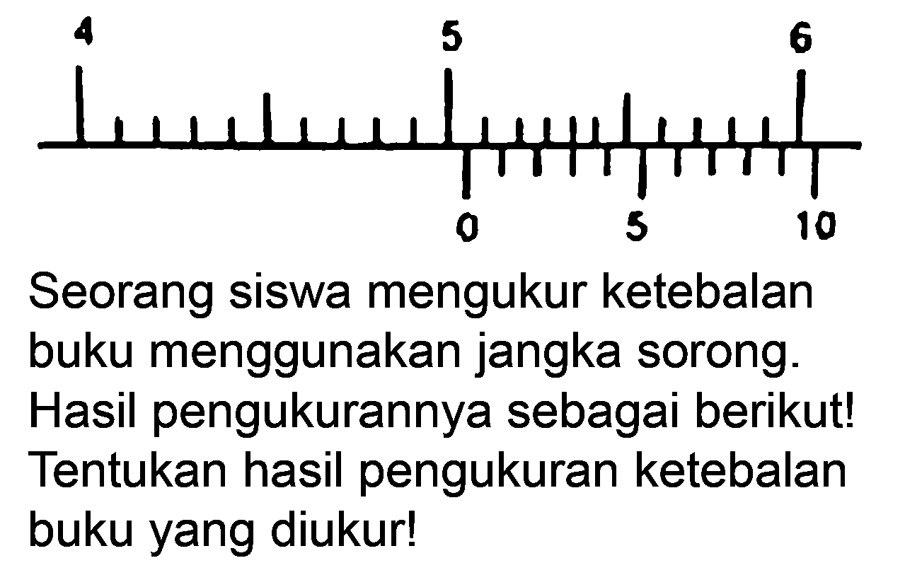 Seorang siswa mengukur ketebalan buku menggunakan jangka sorong. Hasil pengukurannya sebagai berikut! Tentukan hasil pengukuran ketebalan buku yang diukur!