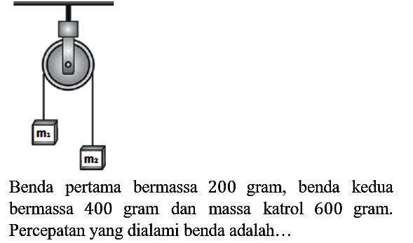 Benda pertama bermassa 200 gram, benda kedua bermassa 400 gram dan massa katrol 600 gram. Percepatan yang dialami benda adalah... m1 m2