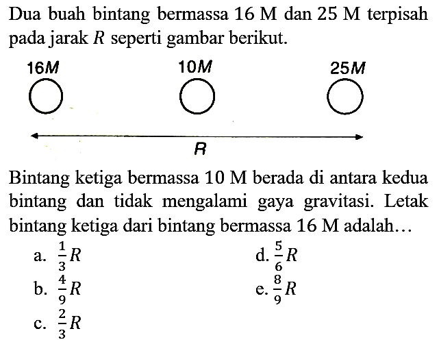 Dua buah bintang bermassa 16 M dan 25 M terpisah pada jarak R seperti gambar berikut. 16 M 10 M 25 M R Bintang ketiga bermassa 10 M berada di antara kedua bintang dan tidak mengalami gaya gravitasi. Letak bintang ketiga dari bintang bermassa 16 M adalah...
a. 1/3 R d. 5/6 R b. 4/9 R e. 8/9 R c. 2/3 R 