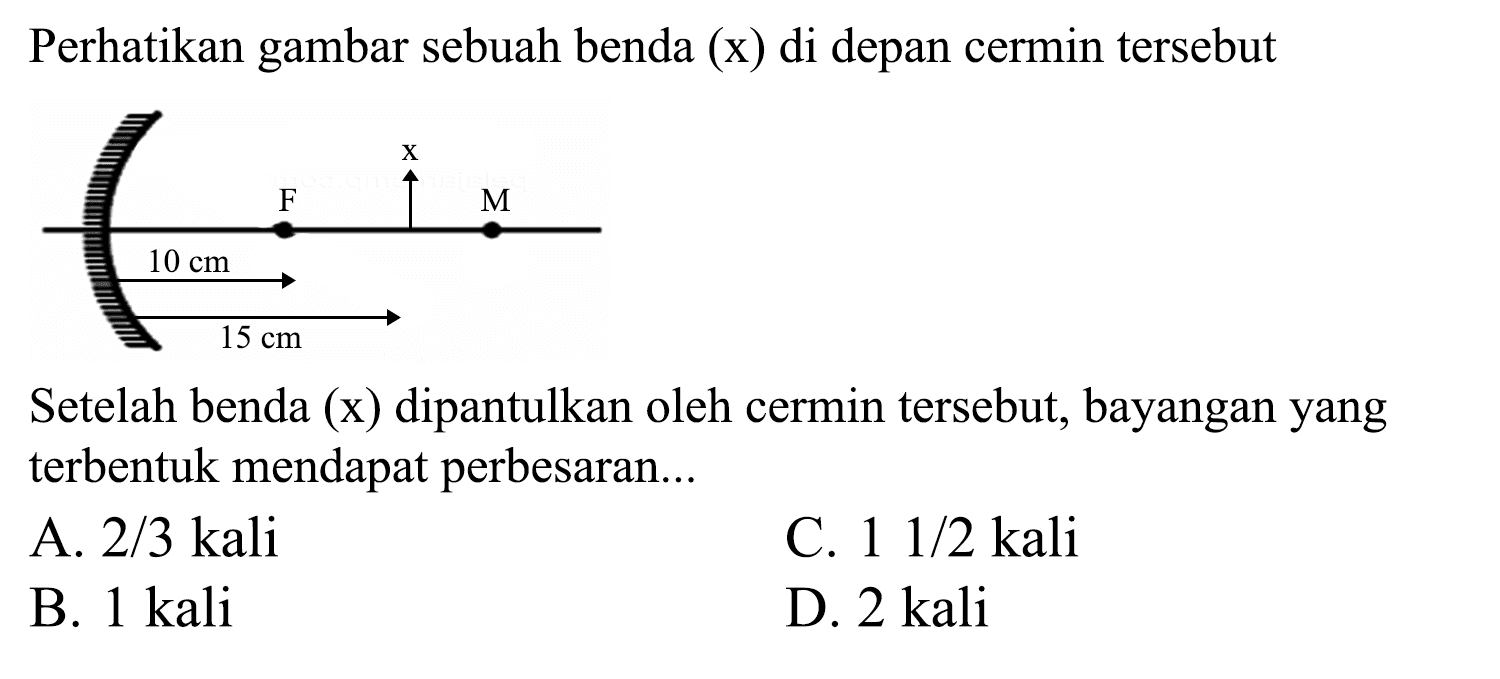 Perhatikan gambar sebuah benda (x) di depan cermin tersebut
Setelah benda (x) dipantulkan oleh cermin tersebut, bayangan yang terbentuk mendapat perbesaran...
A. 2/3 kali
C.  11 / 2 kali 
B. 1 kali
D.  2 kali 