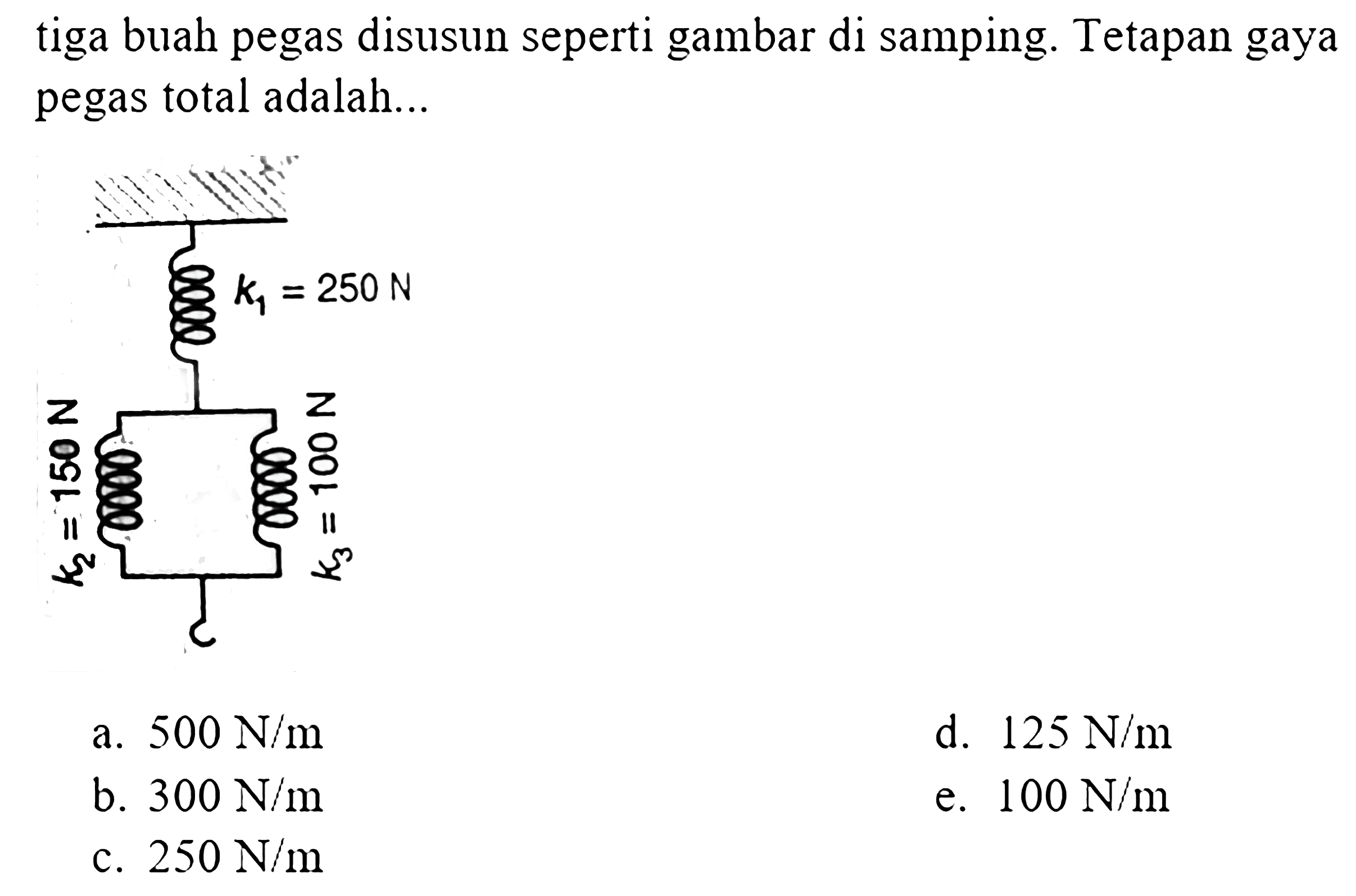 tiga buah pegas disusun seperti gambar di samping. Tetapan gaya pegas total adalah...