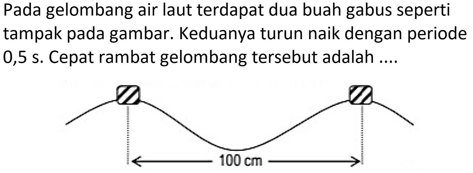 Pada gelombang air laut terdapat dua buah gabus seperti tampak pada gambar. Keduanya turun naik dengan periode 0,5 s. Cepat rambat gelombang tersebut adalah ....