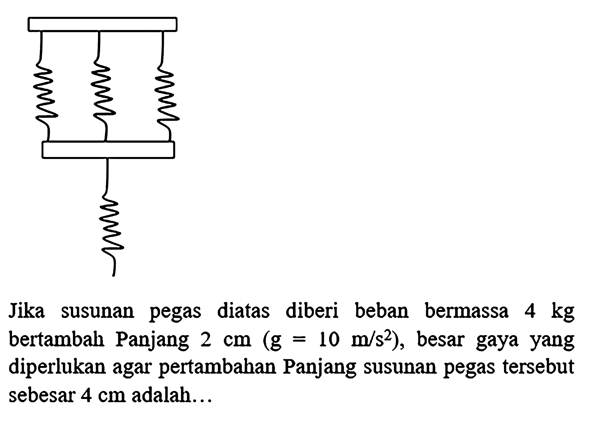 Jika susunan pegas diatas diberi beban bermassa  4 kg  bertambah Panjang  2 cm(g=10 m / s^(2)) , besar gaya yang diperlukan agar pertambahan Panjang susunan pegas tersebut sebesar  4 cm  adalah...