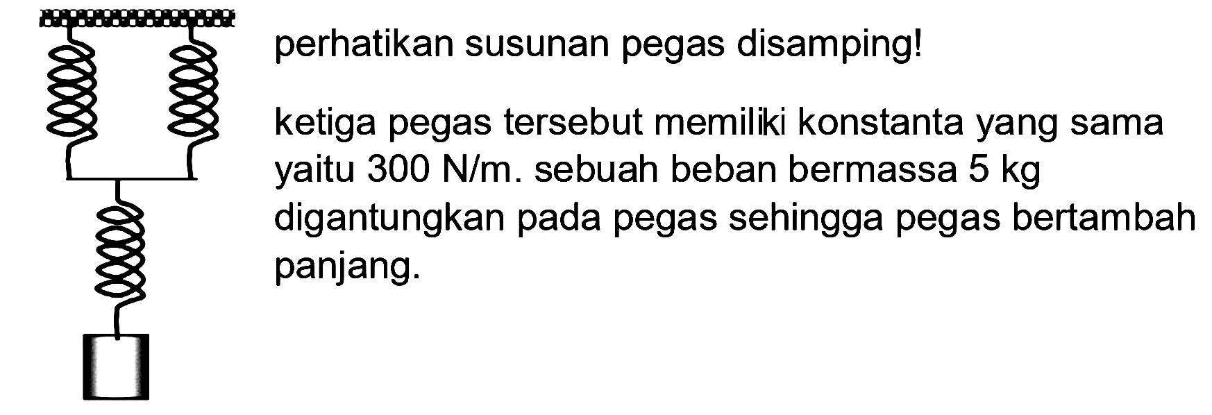 perhatikan susunan pegas disamping! 
ketiga pegas tersebut memiliki konstanta yang sama yaitu 300 N/m. sebuah beban bermassa 5 kg digantungkan pada pegas sehingga pegas bertambah panjang.