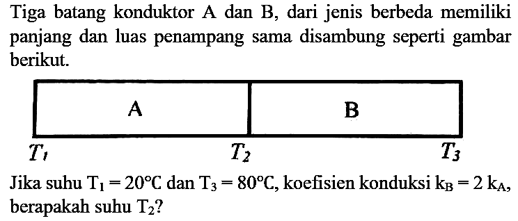 Tiga batang konduktor A dan B, dari jenis berbeda memiliki panjang dan luas penampang sama disambung seperti gambar berikut. T1 A T2 B T3 Jika suhu T1=20 C dan T3=80 C, koefisien konduksi kB = 2kA, berapakah suhu T2?