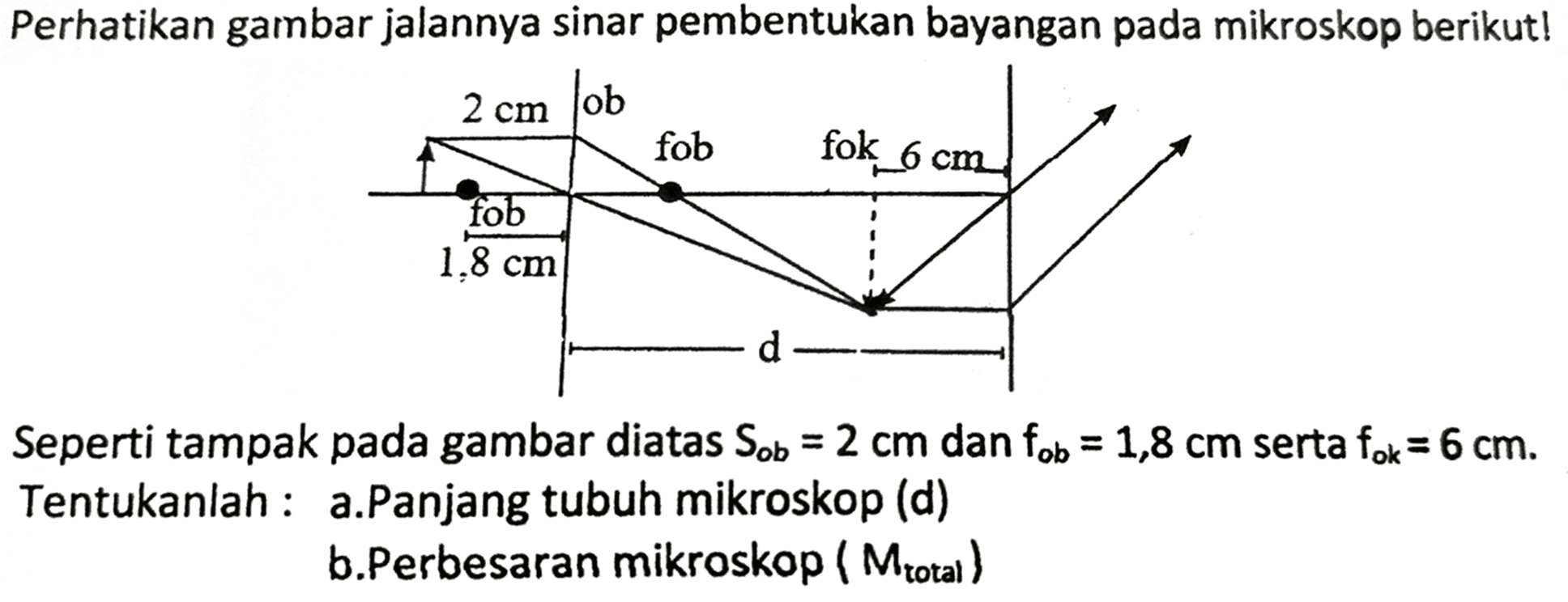 Perhatikan gambar jalannya sinar pembentukan bayangan pada mikroskop berikut!
Seperti tampak pada gambar diatas  S_(o b)=2 cm  dan  f_(o b)=1,8 cm  serta  f_(o k)=6 cm .
Tentukanlah : a.Panjang tubuh mikroskop (d)
b.Perbesaran mikroskop  (M_( {total ))) 