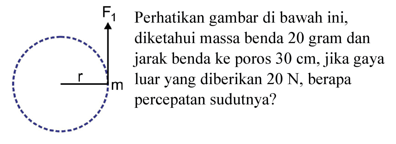 F1 r m 
Perhatikan gambar di bawah ini, diketahui massa benda 20 gram dan jarak benda ke poros 30 cm, jika gaya luar yang diberikan 20 N, berapa percepatan sudutnya?