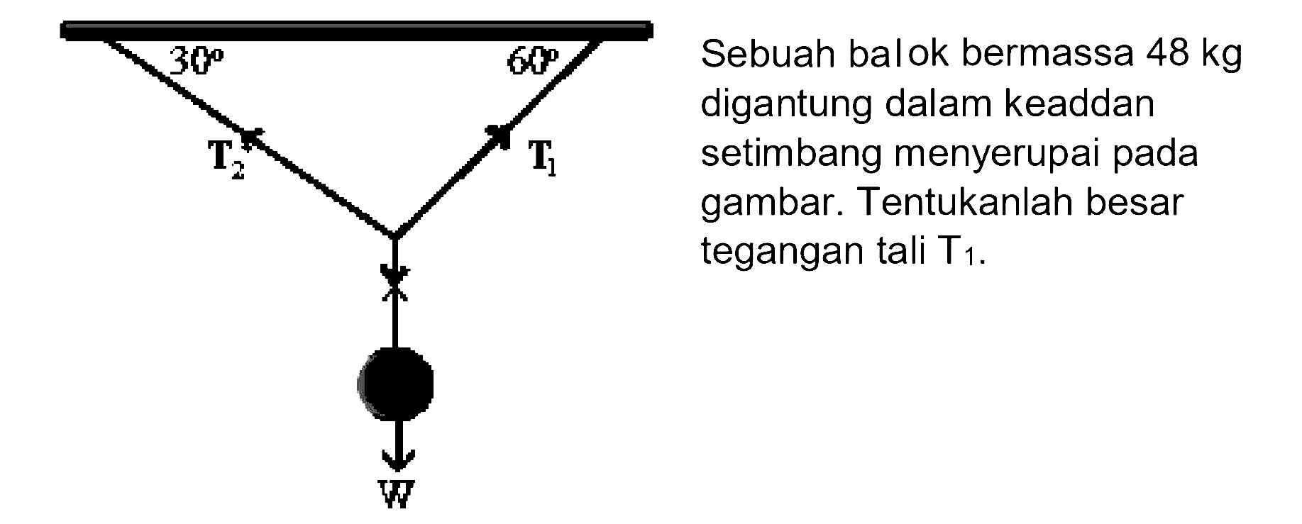 30 60 T1 T2 W 
Sebuah balok bermassa 48 kg digantung dalam keaddan setimbang menyerupai pada gambar. Tentukanlah besar tegangan tali T1.