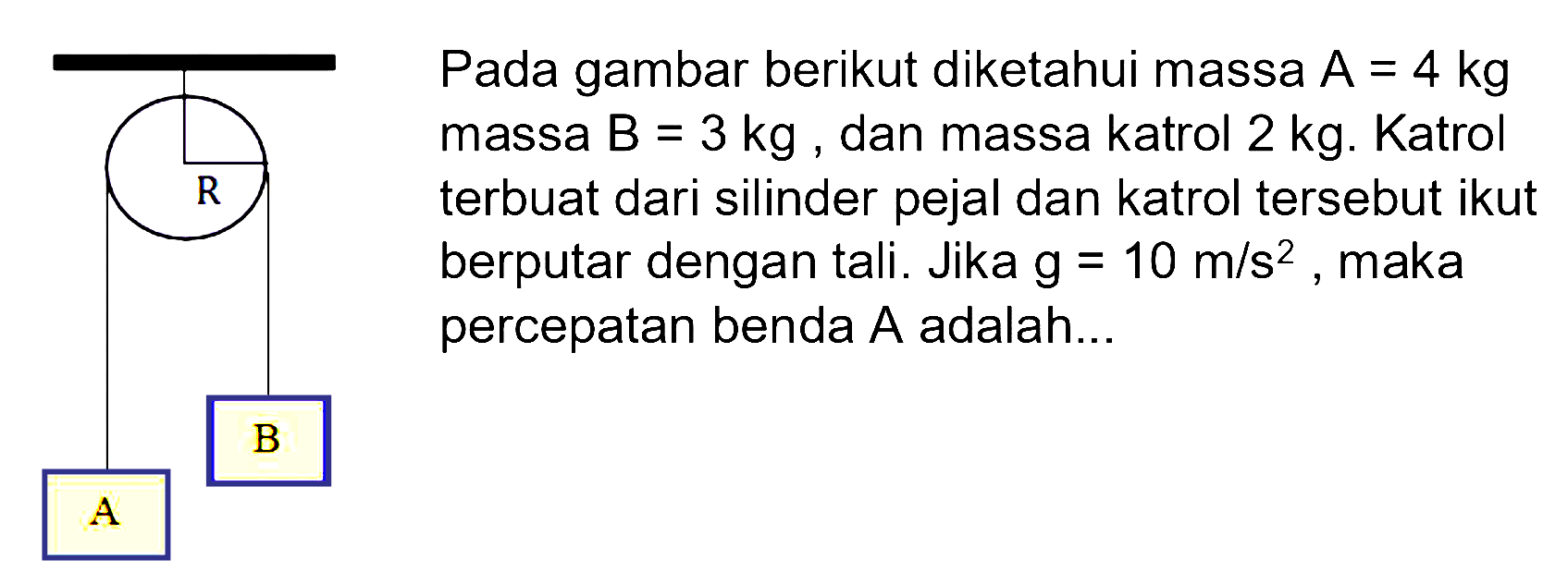 R B A Pada gambar berikut diketahui massa A = 4 kg massa B = 3 kg, dan massa katrol 2 kg. Katrol R terbuat dari silinder pejal dan katrol tersebut ikut berputar dengan tali. Jika g = 10 m/s^2, maka percepatan benda A adalah