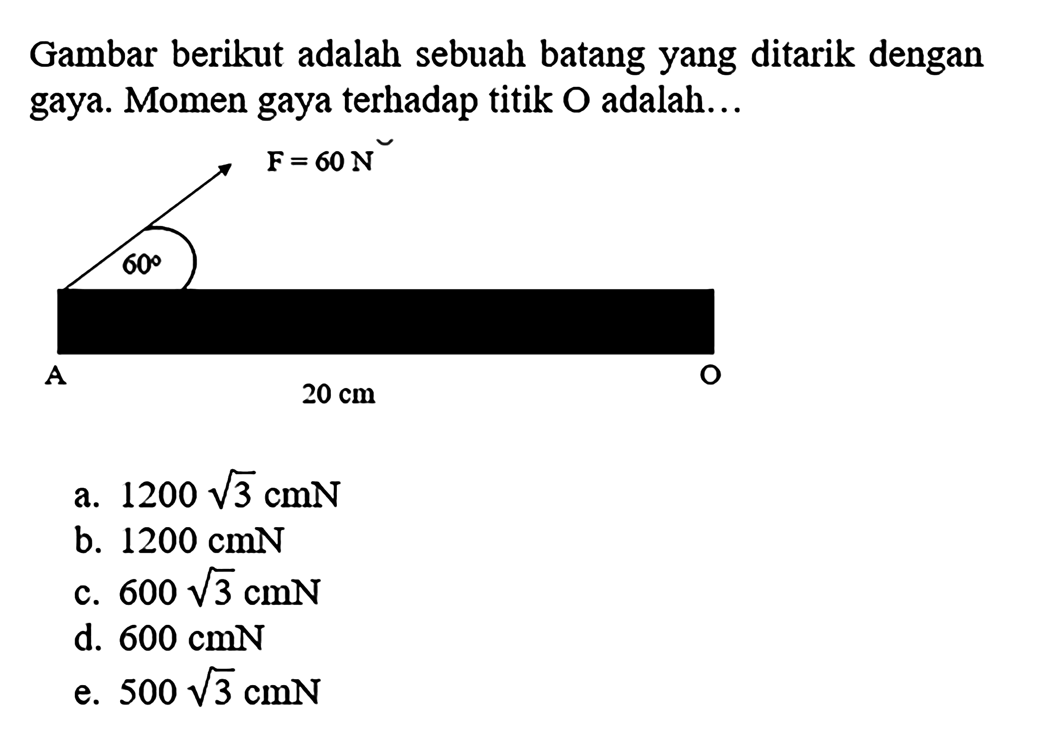 Gambar berikut adalah sebuah batang yang ditarik dengan gaya. Momen gaya terhadap titik  O  adalah...