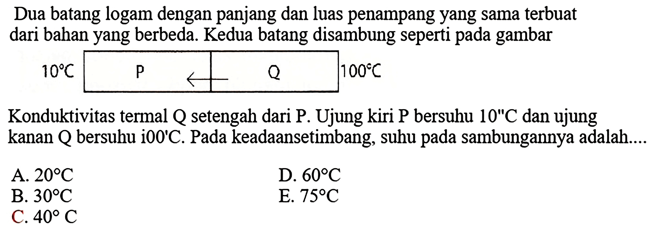 Dua batang logam dengan panjang dan luas penampang yang sama terbuat dari bahan yang berbeda. Kedua batang disambung seperti pada gambar
Konduktivitas termal  Q  setengah dari  P . Ujung kiri  P  bersuhu  10 " C  dan ujung kanan  Q  bersuhu i00'C. Pada keadaansetimbang, suhu pada sambungannya adalah....
A.  20 C 
D.  60 C 
B.  30 C 
E.  75 C 
C.  40 C 