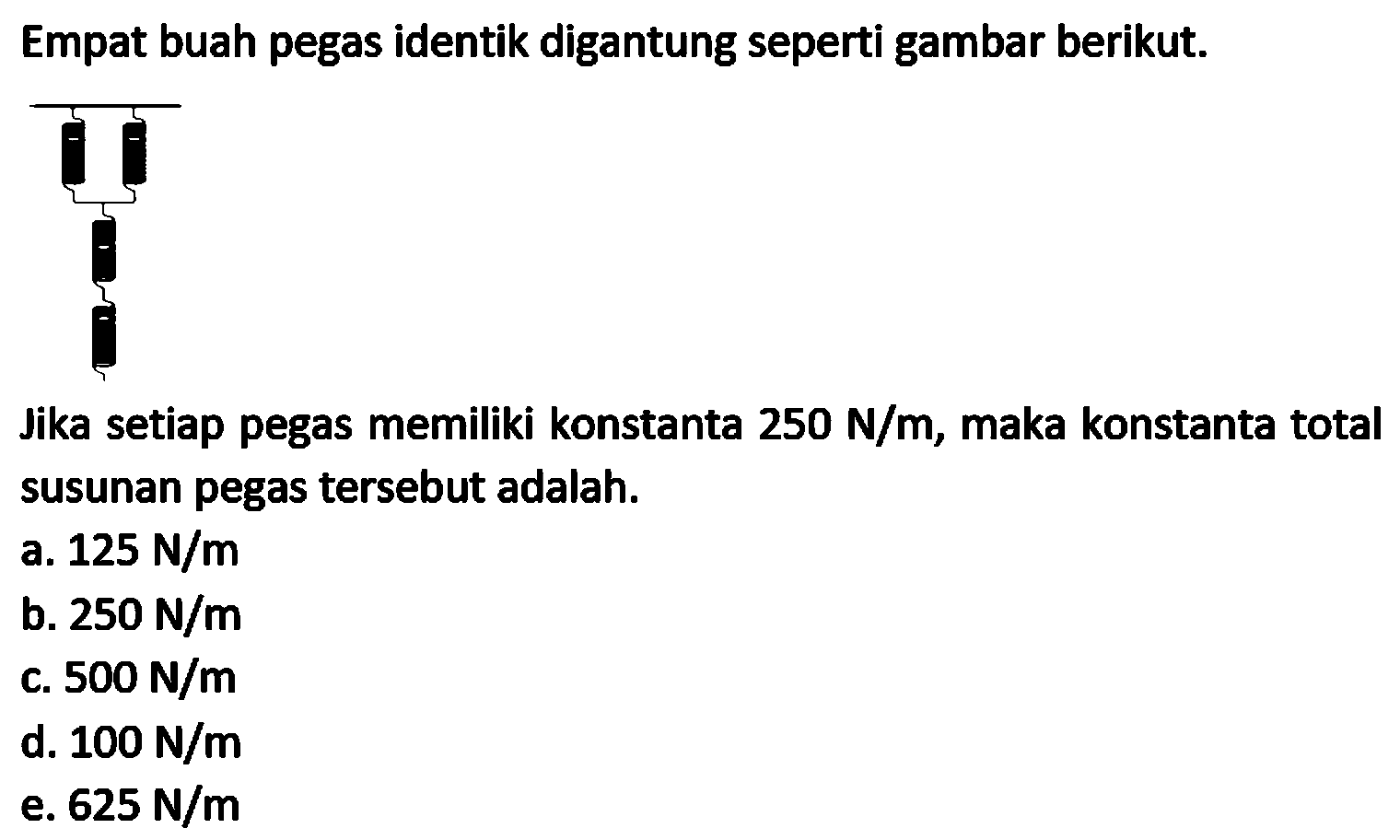 Empat buah pegas identik digantung seperti gambar berikut.
Jika setiap pegas memiliki konstanta  250 N / m , maka konstanta total susunan pegas tersebut adalah.