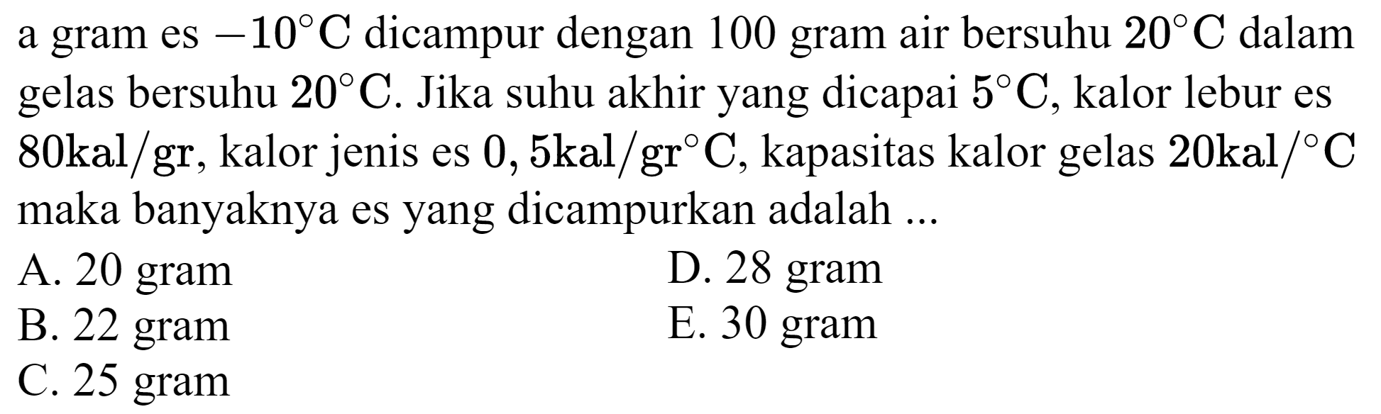 a gram es  -10 C  dicampur dengan 100 gram air bersuhu  20 C  dalam gelas bersuhu  20 C . Jika suhu akhir yang dicapai  5 C , kalor lebur es  80 kal / gr , kalor jenis es  0,5 kal / gr C , kapasitas kalor gelas  20 kal /{ ) C  maka banyaknya es yang dicampurkan adalah ...
A. 20 gram
D. 28 gram
B. 22 gram
E. 30 gram
C. 25 gram