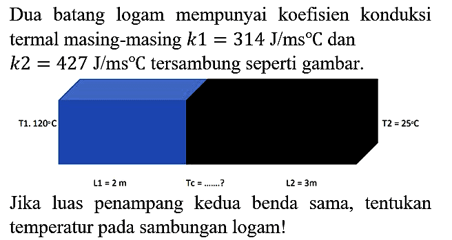 Dua batang logam mempunyai koefisien konduksi termal masing-masing k1=314 J/ms C dan k2=427 J/ms C tersambung seperti gambar. T1 120 C T2=25 C L1=2 m L2=3 m Tc=....? Jika luas penampang kedua benda sama, tentukan temperatur pada sambungan logam!