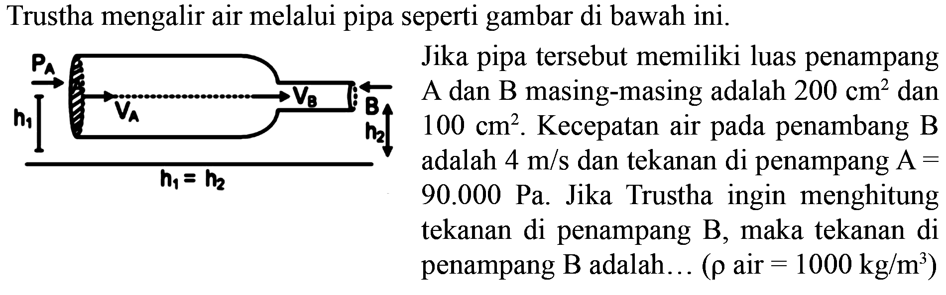 Trustha mengalir air melalui pipa seperti gambar di bawah ini. 
PA VB VA B h1 h2 h1 = h2 
Jika pipa tersebut memiliki luas penampang A dan B masing-masing adalah 200 cm^2 dan 100 cm^2. Kecepatan air pada penambang B adalah 4 m/s dan tekanan di penampang A = 90.000 Pa. Jika Trustha ingin menghitung tekanan di penampang B, maka tekanan di penampang B adalah ... (rho air = 1000 kg/m^3)