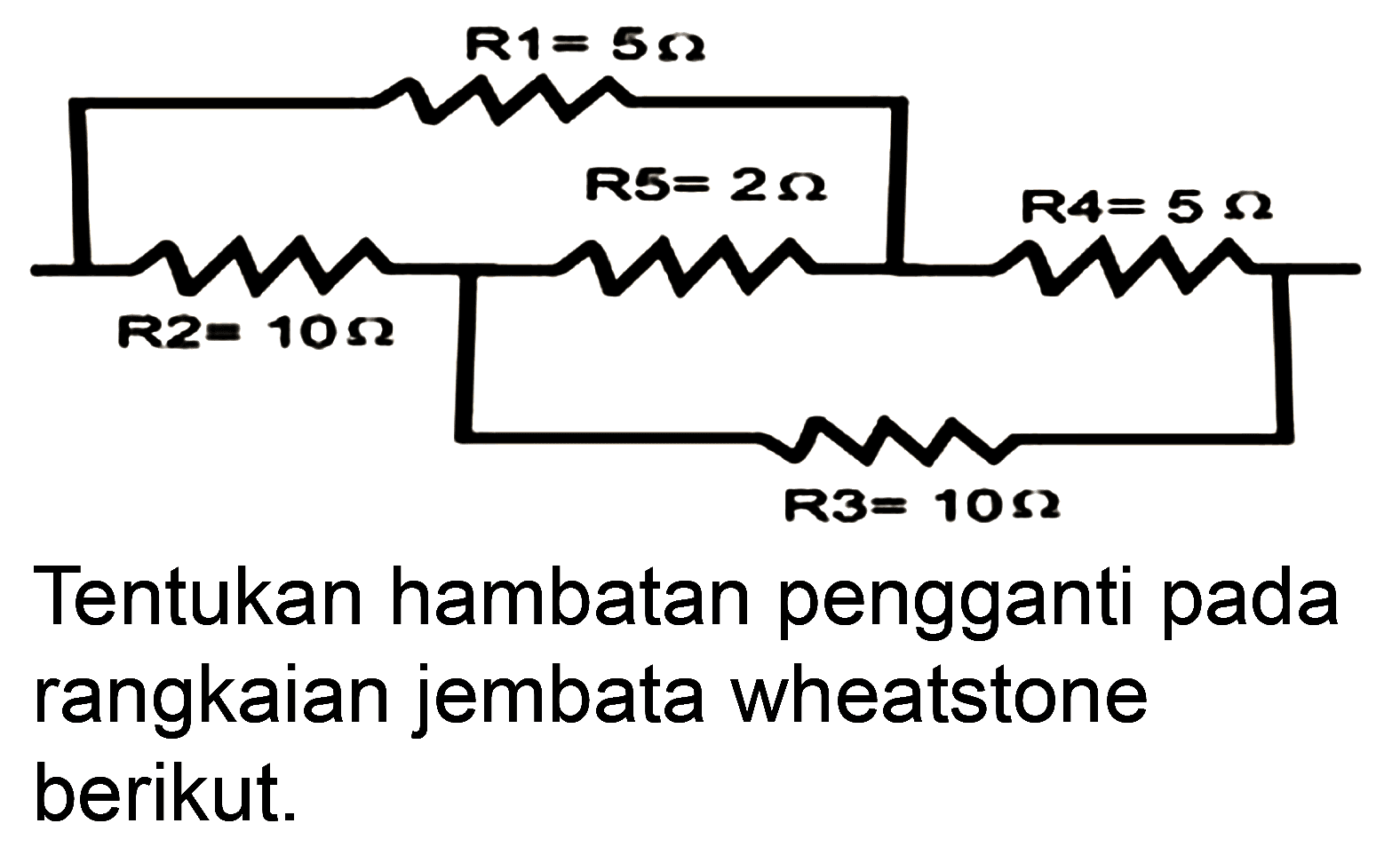 R1=5 ohm R5=2 ohm R4=5 ohm R2=10 ohm R3=10 ohm
Tentukan hambatan pengganti pada rangkaian jembatan wheatstone berikut.