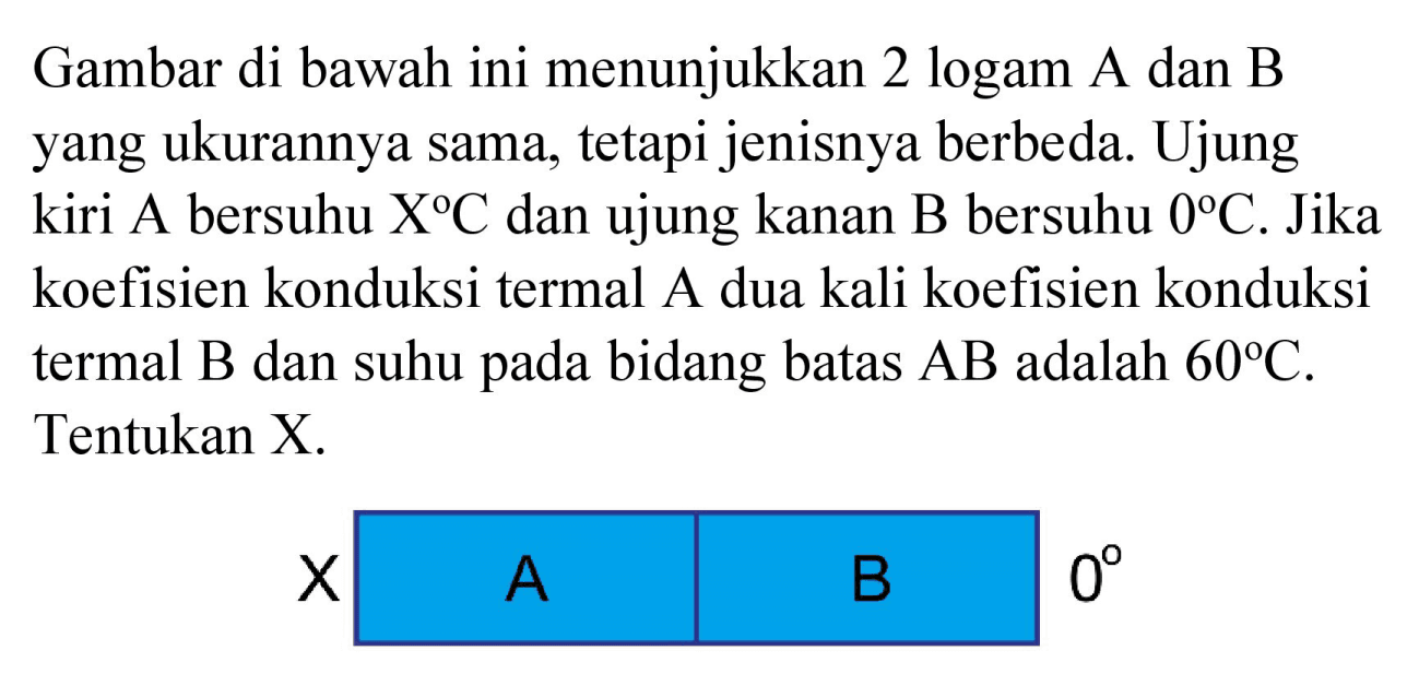 Gambar di bawah ini menunjukkan 2 logam A dan B yang ukurannya sama, tetapi jenisnya berbeda. Ujung kiri A bersuhu  X C  dan ujung kanan  B  bersuhu  0 C . Jika koefisien konduksi termal A dua kali koefisien konduksi termal  B  dan suhu pada bidang batas  AB  adalah  60 C . Tentukan X.