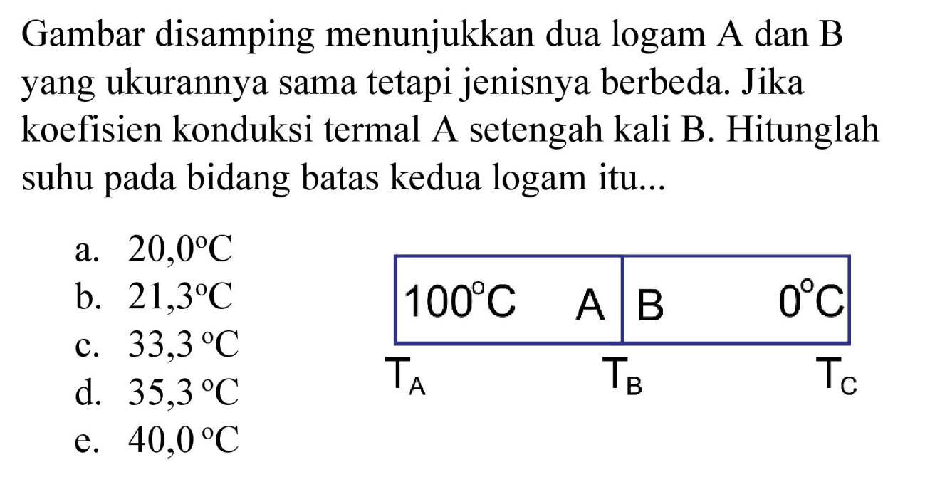 Gambar disamping menunjukkan dua logam A dan B yang ukurannya sama tetapi jenisnya berbeda. Jika koefisien konduksi termal A setengah kali B. Hitunglah suhu pada bidang batas kedua logam itu...

  100 C    A    B    0 C  
  T_(A)    T_(B)    T_(C) 

