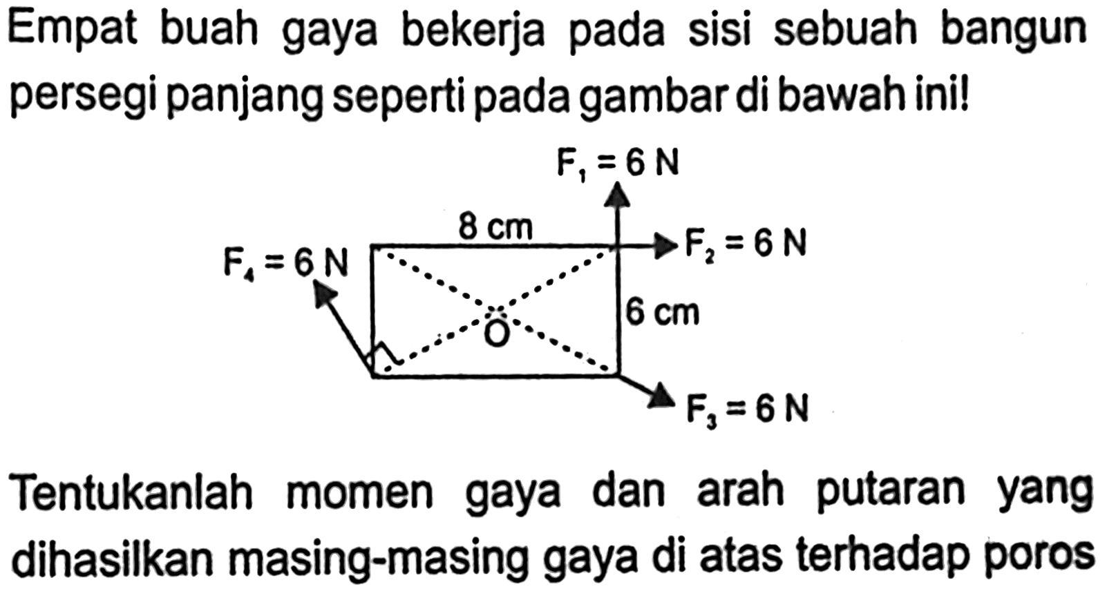 Empat buah gaya bekerja pada sisi sebuah bangun persegi panjang seperti pada gambar di bawah ini! F1 = 6 N 8 cm F2 = 6 N 8 cm F4 = 6 N 6 cm O F3 = 6 N Tentukanlah momen gaya dan arah putaran yang dihasilkan masing-masing gaya di atas terhadap poros