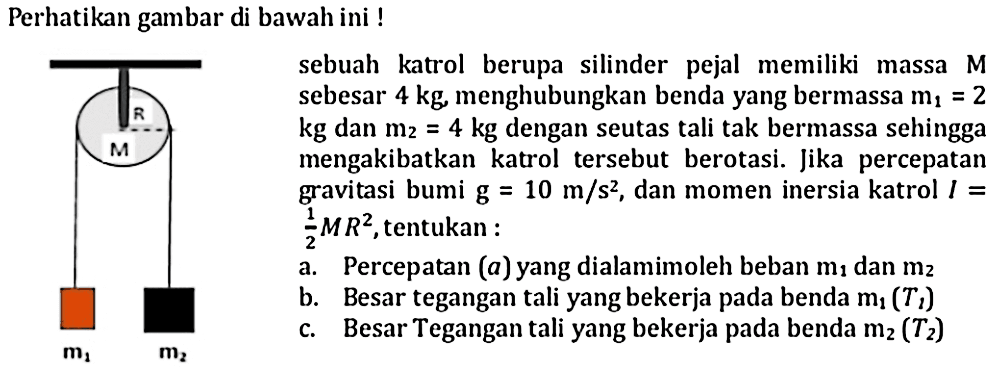 Perhatikan gambar di bawah ini! 
R M m1 m2
sebuah katrol berupa silinder pejal memiliki massa M sebesar 4 kg menghubungkan benda yang bermassa m1 = 2 kg dan m2 = 4 kg dengan seutas tali tak bermassa sehingga mengakibatkan katrol tersebut berotasi. Jika percepatan gravitasi bumi g = 10 m/s^2, dan momen inersia katrol I = 1/2 M R^2, tentukan : 
a. Percepatan (a) yang dialami oleh beban m1 dan m2 
b. Besar tegangan tali yang bekerja pada benda m1 (T1) 
c. Besar Tegangan tali yang bekerja pada benda m2 (T2)