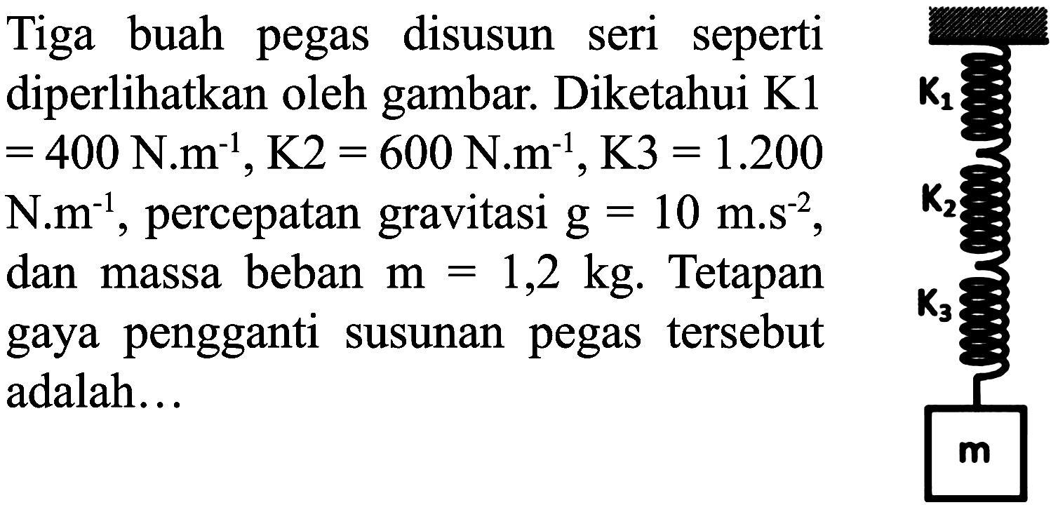 Tiga buah pegas disusun seri seperti diperlihatkan oleh gambar. Diketahui K1  =400  N.m  { )^(-1), K 2=600  N.m  { )^(-1), K 3=1.200  N.m  { )^(-1) , percepatan gravitasi  g=10 m . s^(-2) , dan massa beban  m=1,2 kg . Tetapan gaya pengganti susunan pegas tersebut adalah...