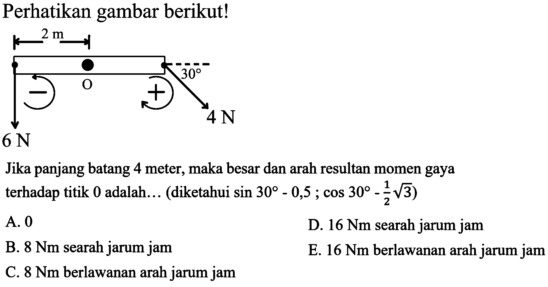 Perhatikan gambar berikut!
Jika panjang batang 4 meter, maka besar dan arah resultan momen gaya terhadap titik 0 adalah... (diketahui  sin 30-0,5 ; cos 30-(1)/(2) akar(3)  )
