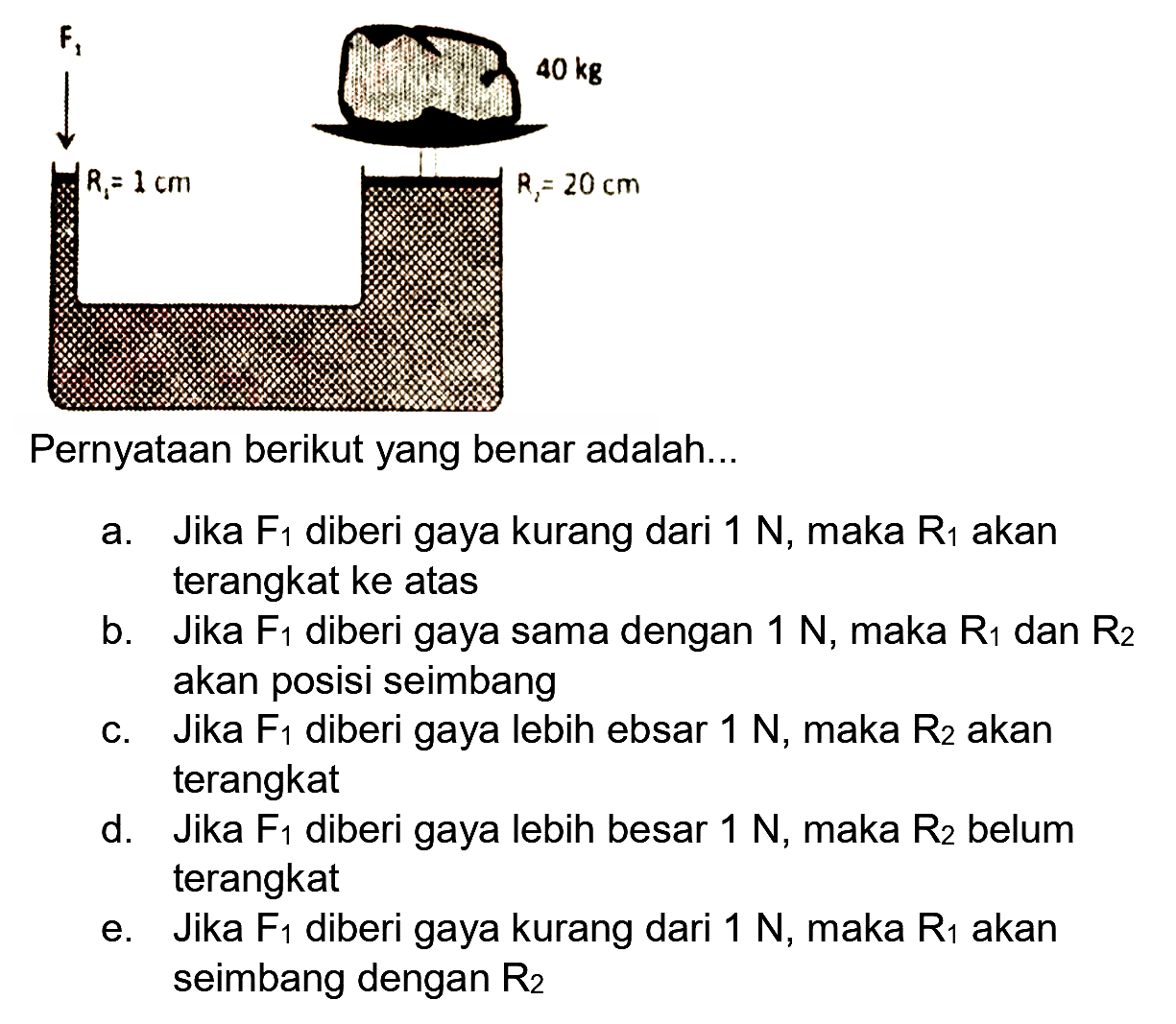 a. Jika  F_(1)  diberi gaya kurang dari  1 N , maka  R_(1)  akan terangkat ke atas
b. Jika  F_(1)  diberi gaya sama dengan  1 N , maka  R_(1)  dan  R_(2)  akan posisi seimbang
c. Jika  F_(1)  diberi gaya lebih ebsar  1 N , maka  R_(2)  akan terangkat
d. Jika  F_(1)  diberi gaya lebih besar  1 N , maka  R_(2)  belum terangkat
e. Jika  F_(1)  diberi gaya kurang dari  1 N , maka  R_(1)  akan seimbang dengan  R_(2) 