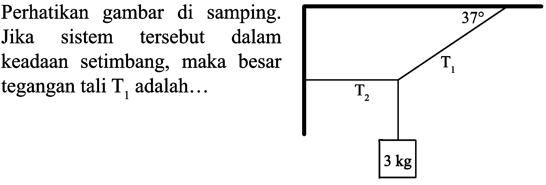 Perhatikan gambar di samping. Jika sistem tersebut dalam keadaan setimbang, maka besar tegangan tali  T_(1)  adalah...
 T_(2) 
 3 kg 