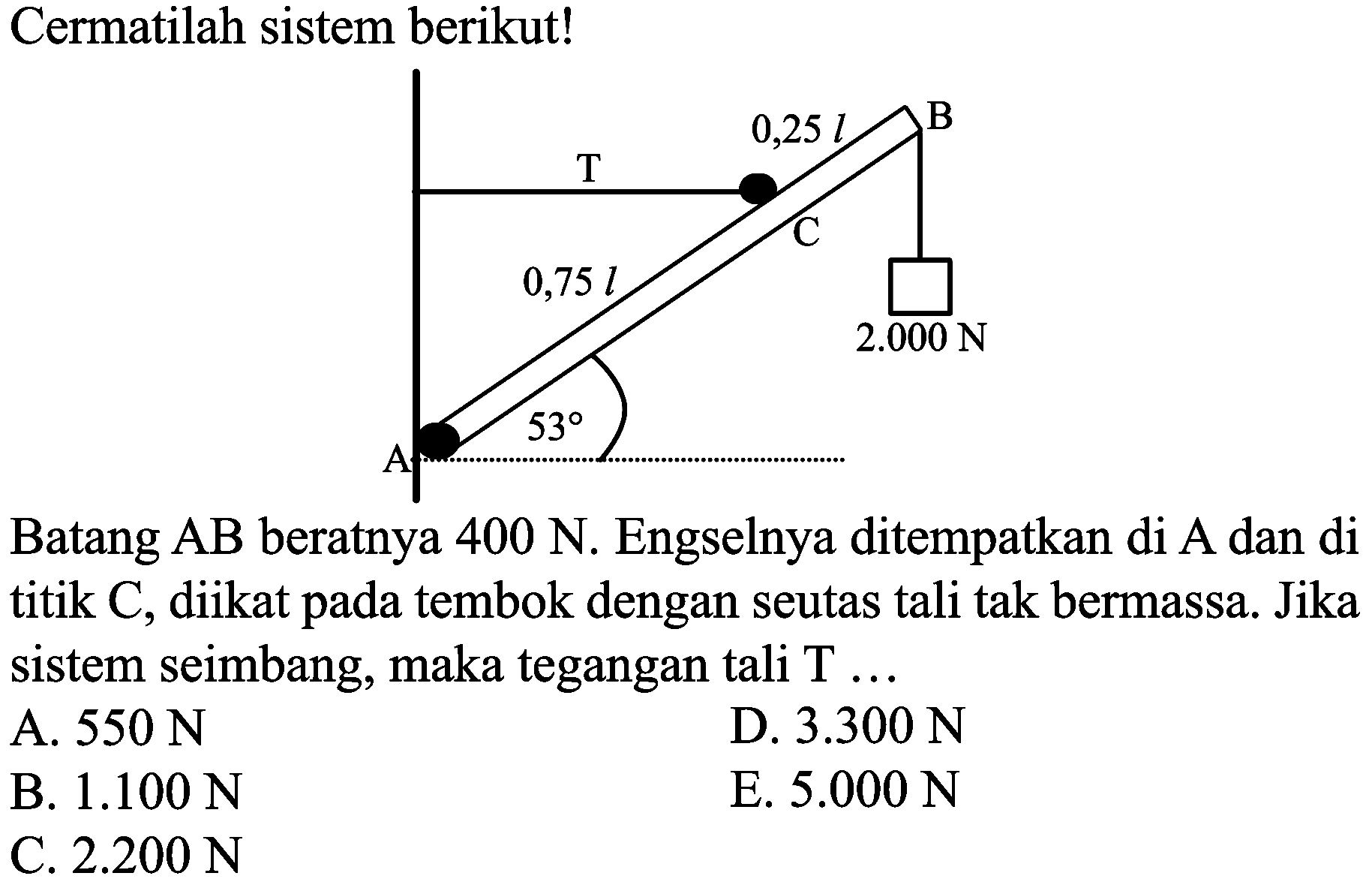 Cermatilah sistem berikut!
Batang  A B  beratnya  400 N . Engselnya ditempatkan di  A  dan di titik  C , diikat pada tembok dengan seutas tali tak bermassa. Jika sistem seimbang, maka tegangan tali  T ... 
