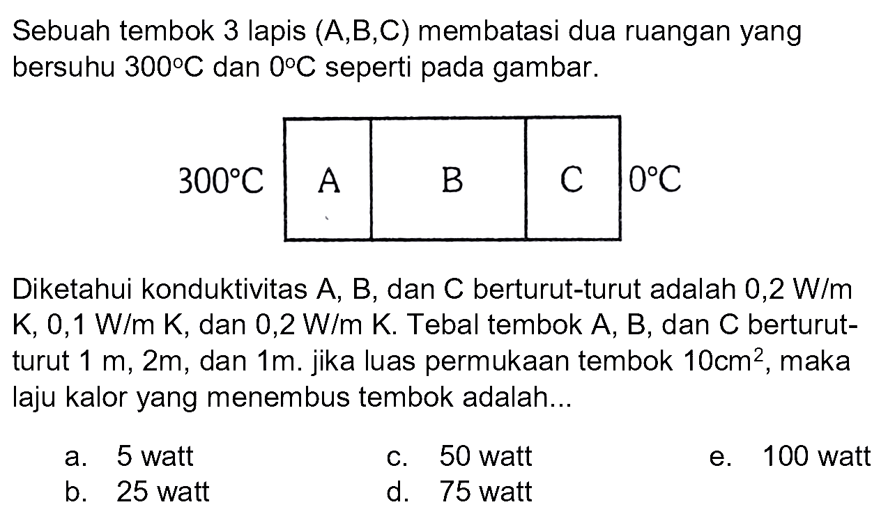 Sebuah tembok 3 lapis  (A, B, C)  membatasi dua ruangan yang bersuhu  300 C  dan  0 C  seperti pada gambar.
Diketahui konduktivitas  A, B , dan  C  berturut-turut adalah  0,2 ~W / m   K, 0,1 ~W / m K , dan  0,2 ~W / m K . Tebal tembok A, B, dan C berturutturut  1 m, 2 m , dan  1 m . jika luas permukaan tembok  10 cm^(2) , maka laju kalor yang menembus tembok adalah...
a. 5 watt
c. 50 watt
e. 100 watt
b. 25 watt
d. 75 watt