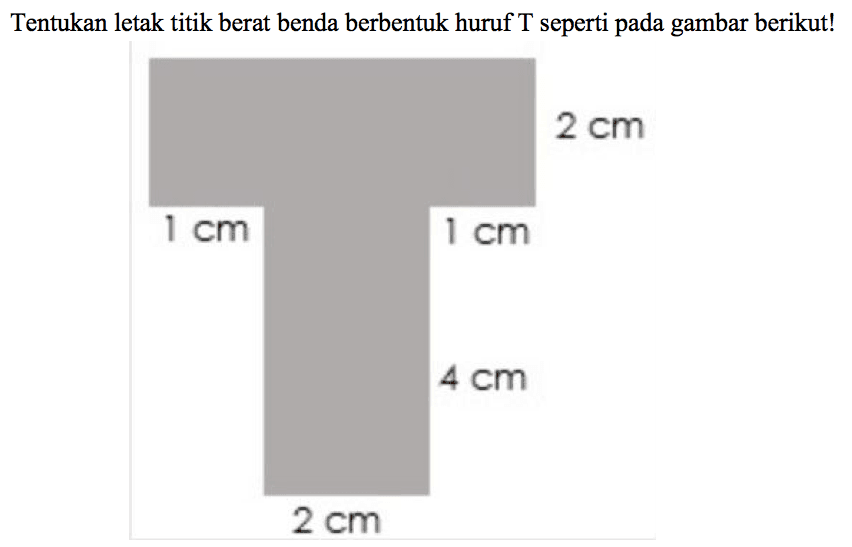 Tentukan letak titik berat benda berbentuk huruf  T  seperti pada gambar berikut! 1 cm 2 cm 4 cm 1 cm 2 cm