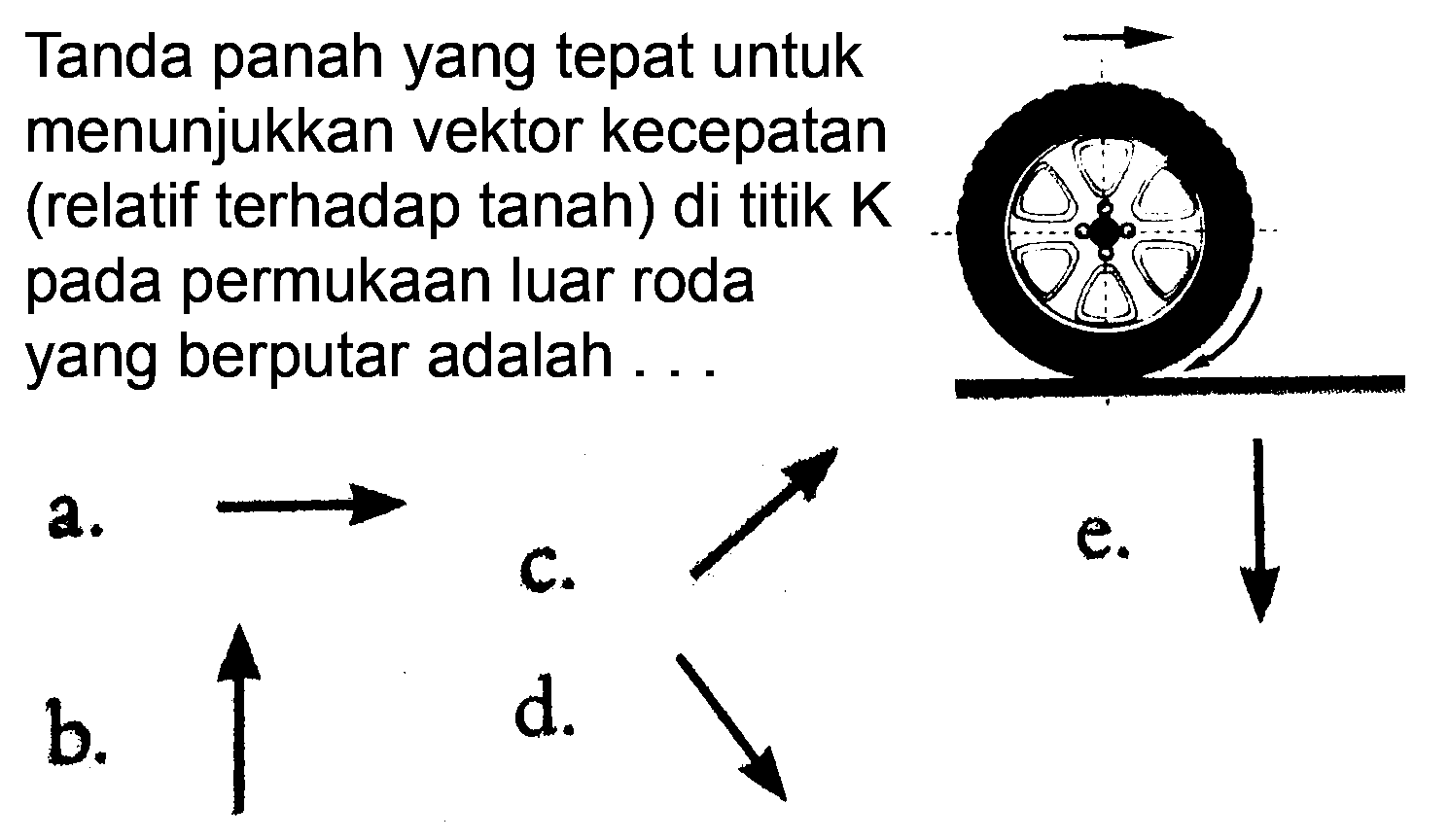 Tanda panah yang tepat untuk menunjukkan vektor kecepatan (relatif terhadap tanah) di titik K pada permukaan luar roda yang berputar adalah ...
2.  longright-> 
C.
e.
b.
d.