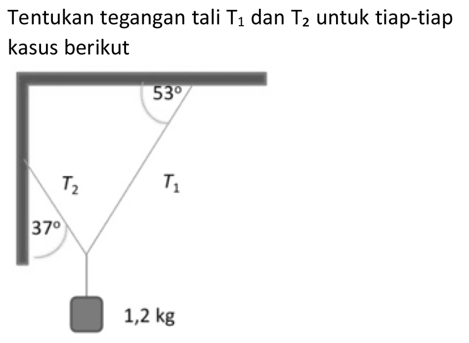 Tentukan tegangan tali  T_(1)  dan  T_(2)  untuk tiap-tiap kasus berikut 
53 
T2 T1 
37 
1,2 kg 