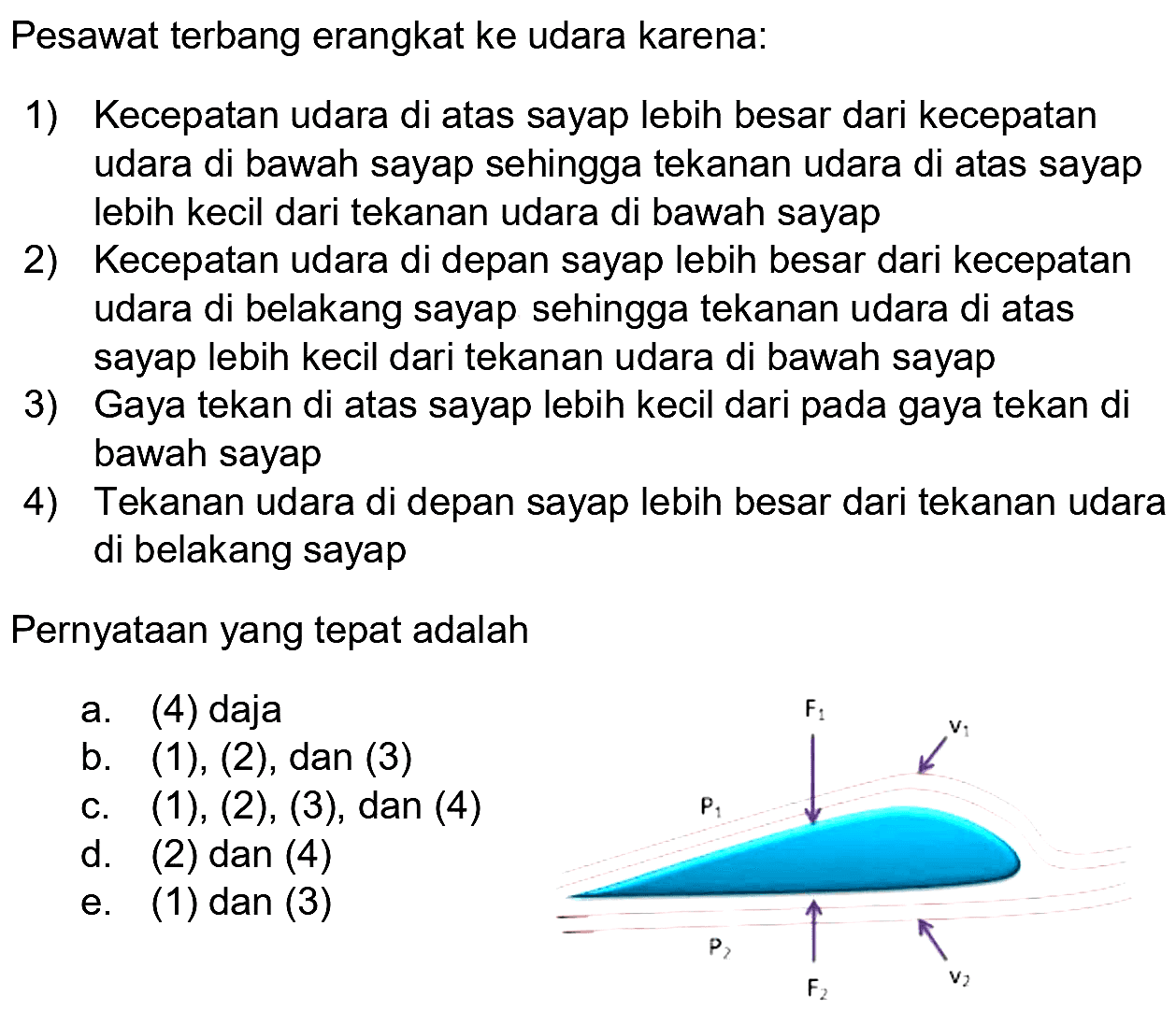 Pesawat terbang erangkat ke udara karena:
1) Kecepatan udara di atas sayap lebih besar dari kecepatan udara di bawah sayap sehingga tekanan udara di atas sayap lebih kecil dari tekanan udara di bawah sayap
2) Kecepatan udara di depan sayap lebih besar dari kecepatan udara di belakang sayap sehingga tekanan udara di atas sayap lebih kecil dari tekanan udara di bawah sayap
3) Gaya tekan di atas sayap lebih kecil dari pada gaya tekan di bawah sayap
4) Tekanan udara di depan sayap lebih besar dari tekanan udara di belakang sayap
Pernyataan yang tepat adalah
P1 F1 v1 P2 F2 v2