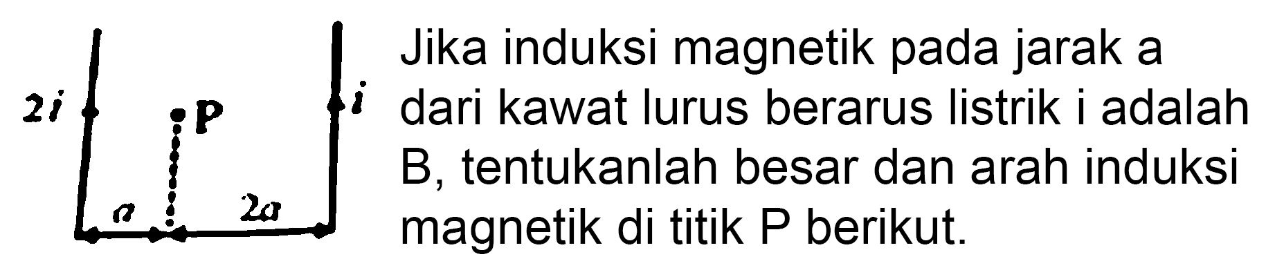 2 i{ { Jika induksi magnetik pada jarak a )  i   { dari kawat lurus berarus listrik i adalah )   { B, tentukanlah besar dan arah induksi )   { magnetik di titik ) P  { berikut. ).